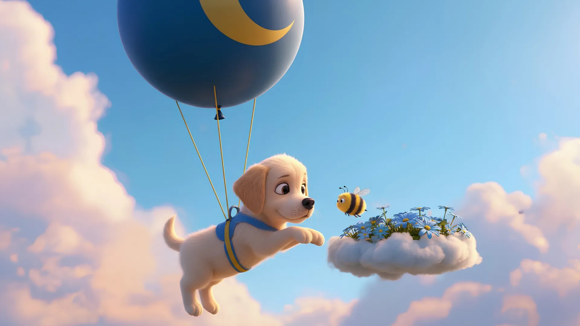 Une image d’une production Siesta : un chiot qui vole accroché à une montgolfière